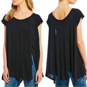 Free People Keep it Casual Linen Blend Asymmetrical Tee Black Medium